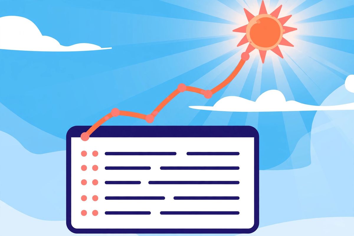 Minimalist illustration of a bank statement with deposit lines rising into an upward trend toward a bright sky