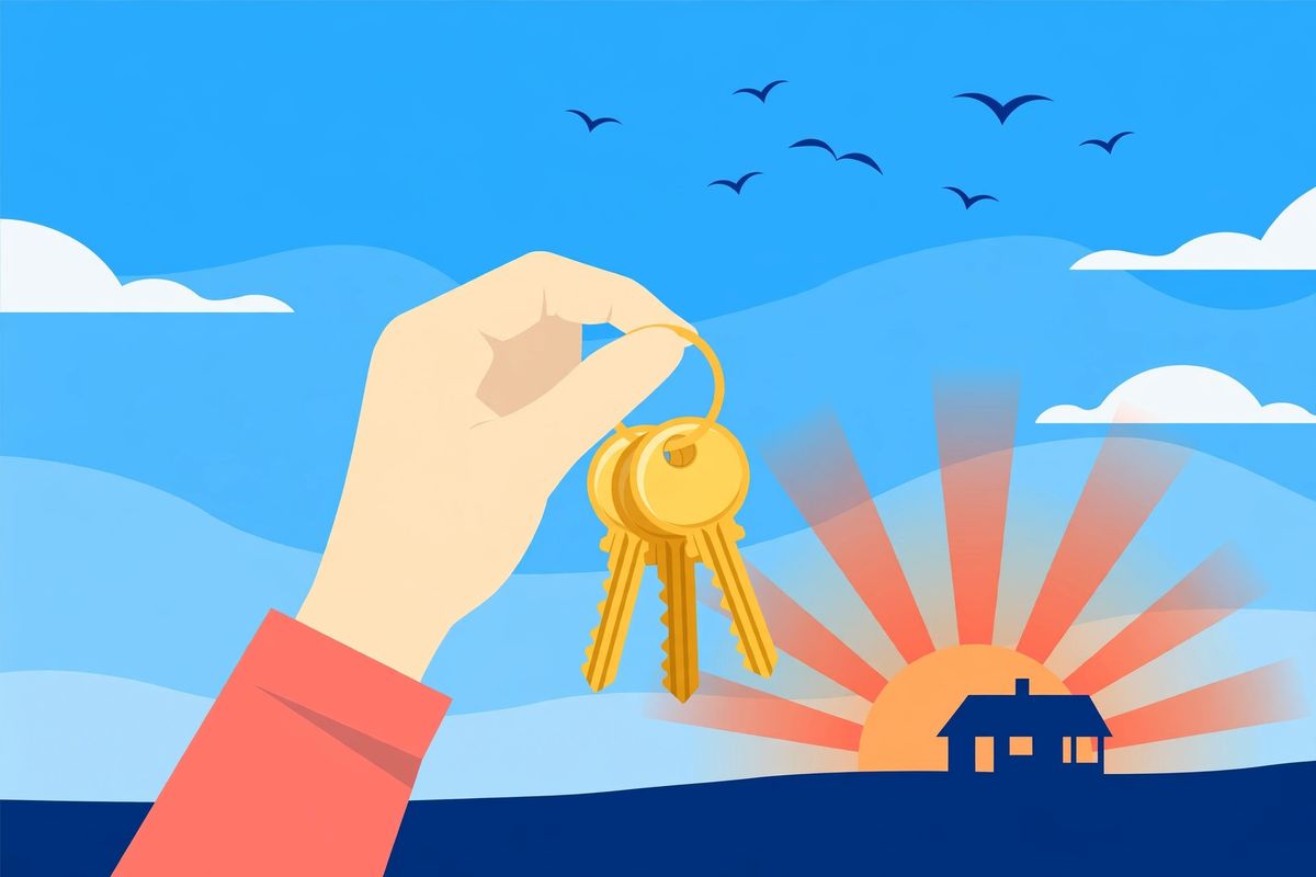 Warm illustration of a hand holding house keys against a bright coastal sunrise, symbolizing new homeownership