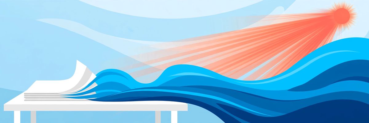 Bright coastal illustration of a small paperwork stack dissolving into open blue sky and sunlight