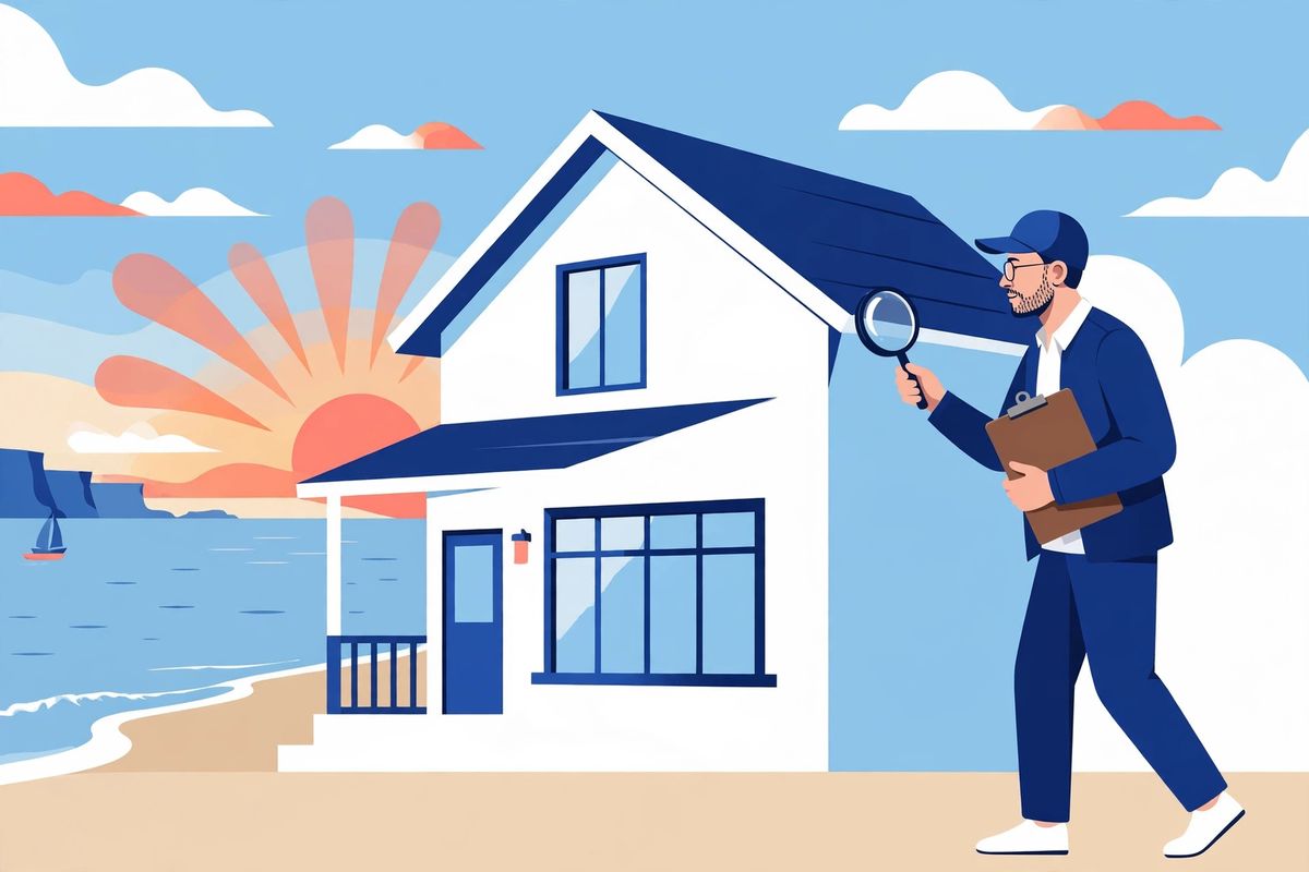 Appraiser inspecting a house exterior with a clipboard and magnifying glass, coastal illustration
