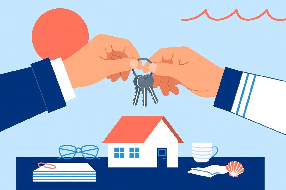 Hands exchanging keys over a model house at a real estate closing table, coastal illustration