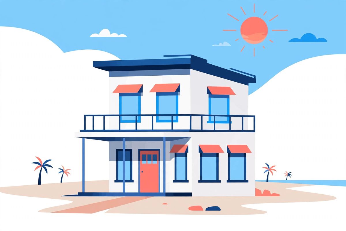 Bright illustration of a rental house under a sunny coastal sky, investor theme