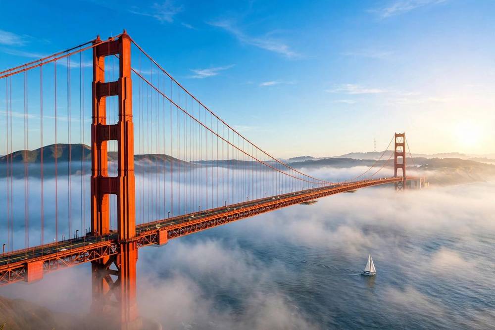 Golden Gate Bridge at sunrise, California