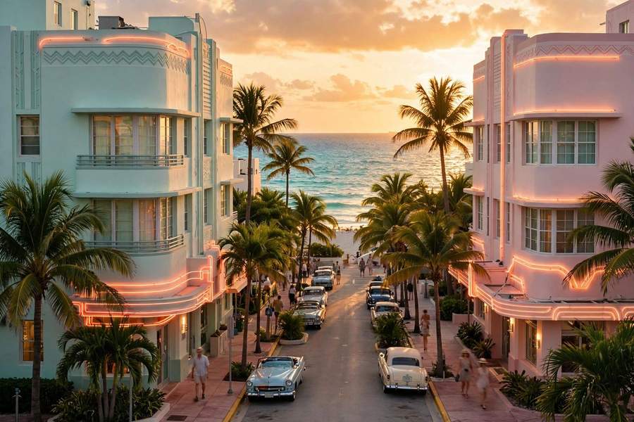 Miami Beach Ocean Drive at golden hour, Florida