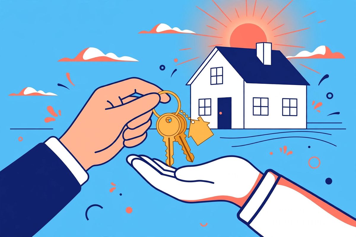 Homebuyer receiving golden house keys at closing with a coastal home behind
