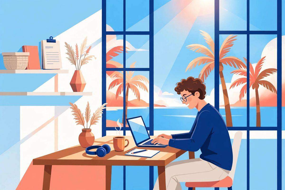 Self-employed professional working from a bright coastal home office near palm trees